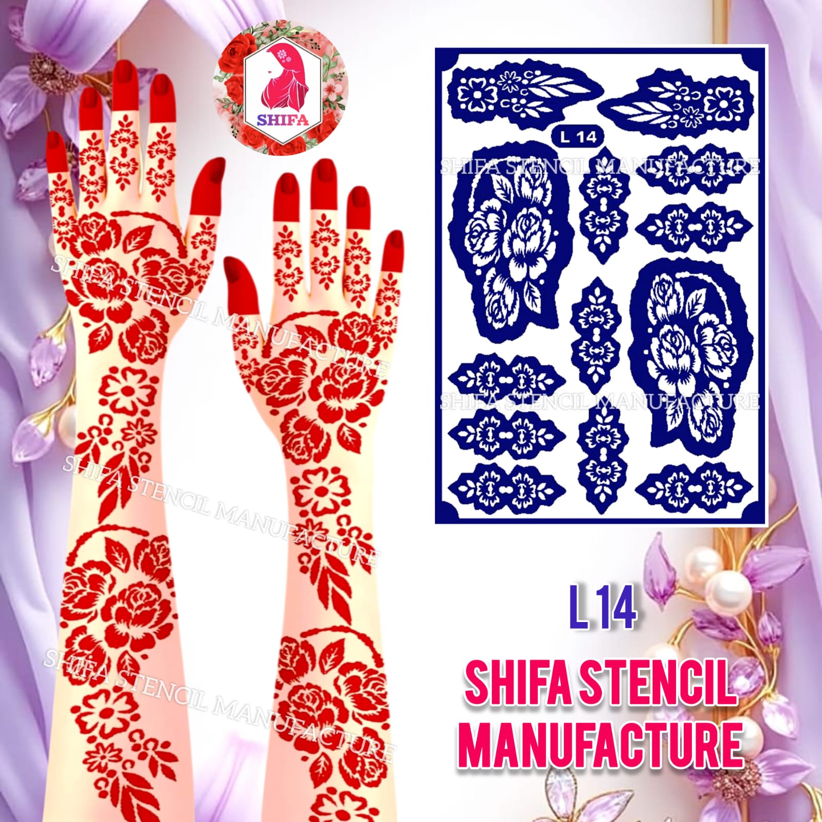 L 14 Royal Rose Garden Sticker  overview Henna Stencil - Shifa Stencil